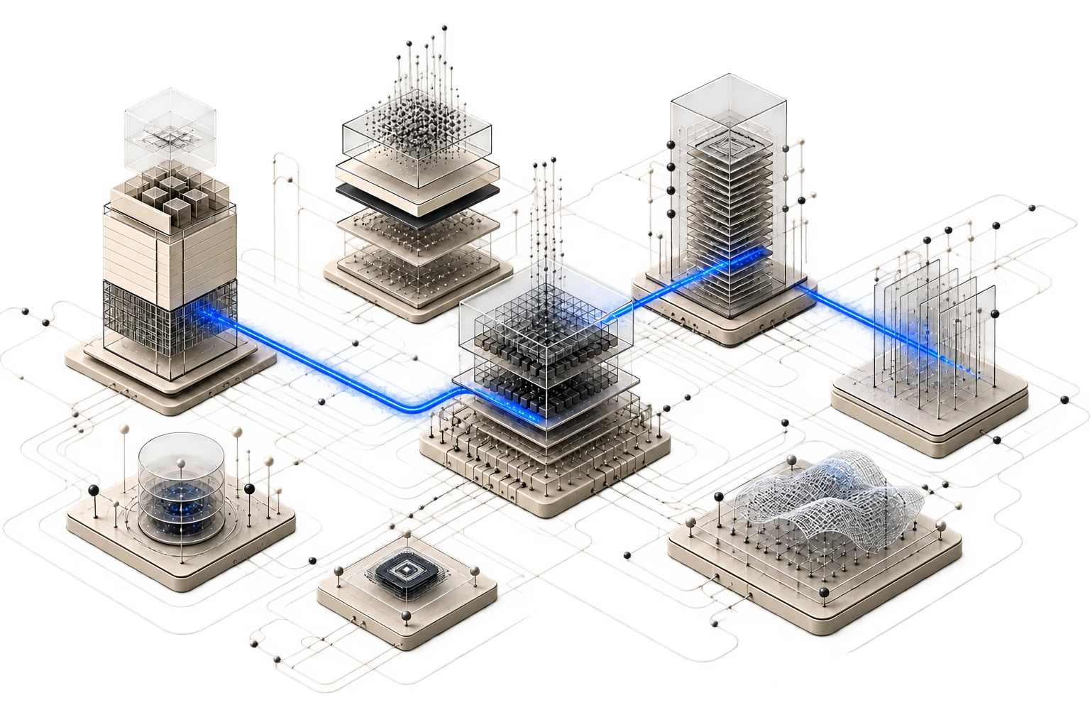 Distinct enterprise system towers connected through a shared integration spine and blue signal path